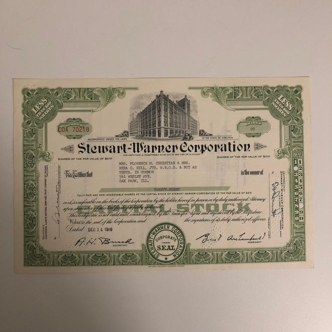 Stewart-Warner Corporation osakekirja