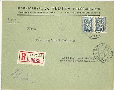 1928 itsenäisyys 2mk pari R-kirje Saksaan