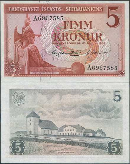 Islanti Iceland 5 Kronur 1957 (P-37b) UNC
