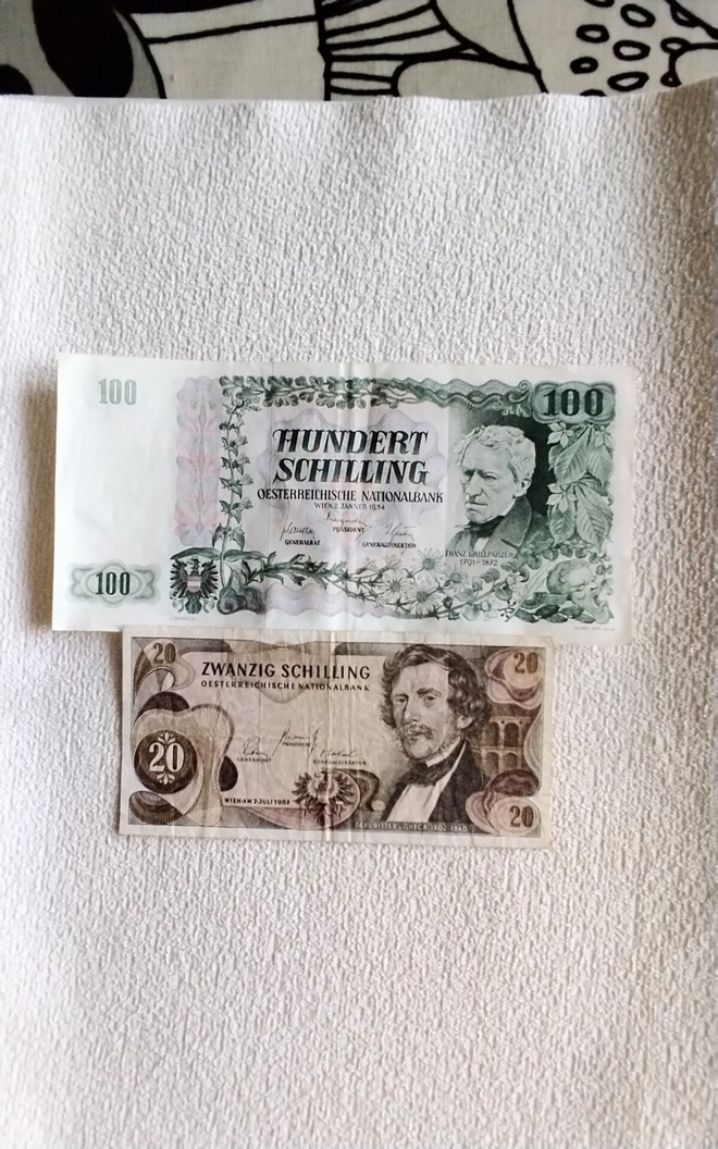 Itävallan 20 ja 100 Schillingin setelit 1954 ja 1967