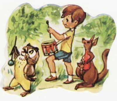 EO 9006 / DISNEY: Risto, pöllö, Kengu ja Ruu soittavat.