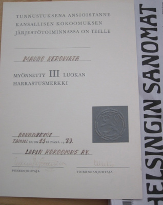 VANHA Luovari Kokoomus Harrastusmerkki 3.lk 1979