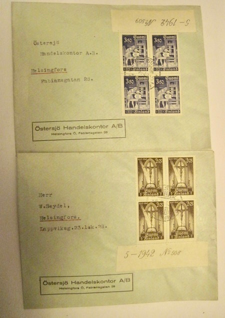 2 x VANHA FDC Ensipäiväkuori 10.X.1942 Nelilöt