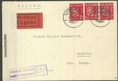 1936 2mk punainen leijona 3-rivilö pikakirjeellä