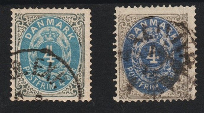 1875 Tanska kaksi 4Øre merkkiä leimattuna