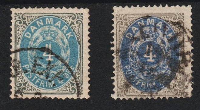 1875 Tanska kaksi 4Øre merkkiä leimattuna