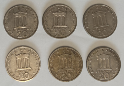 6 kpl Kreikka 20 drakmaa 1976-1982, 2 kuvaa