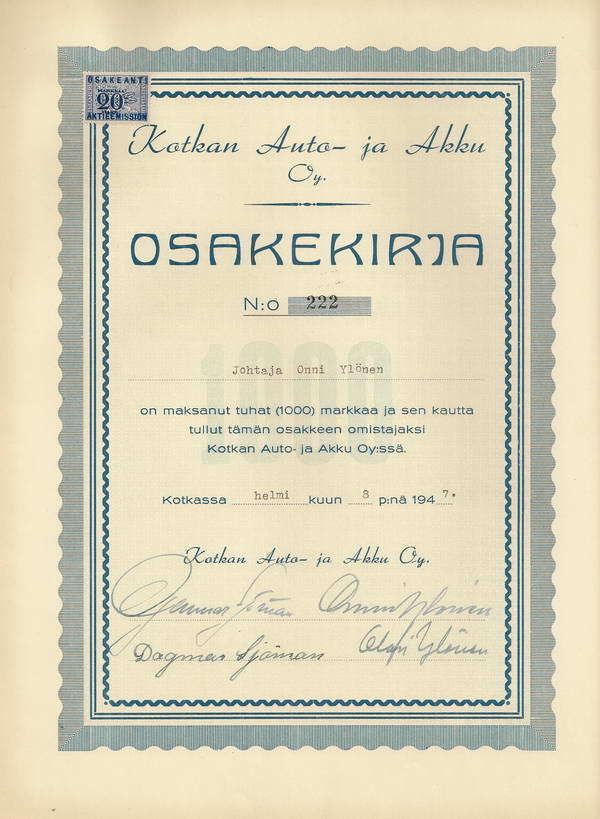Kotkan Auto ja Akku 1000mk 1947 Kotka