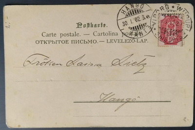 Saksalainen kukkakortti Viipurista 1902 Hankoon