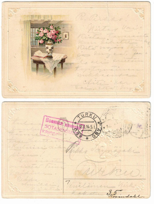 Vanha kohokortti, ruusut maljakossa, vuodelta 1914