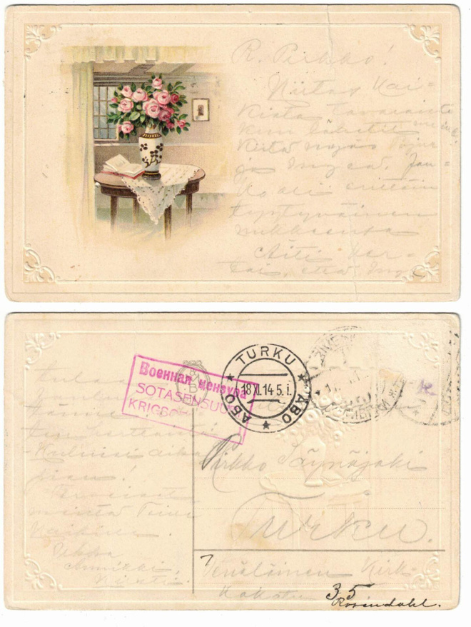 Vanha kohokortti, ruusut maljakossa, vuodelta 1914