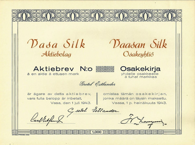 OKK 1943 Vaasan Silk Oy bla, Vaasa osakekirja