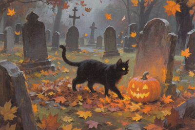 Halloween musta kissa hautausmaalla