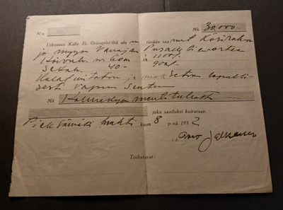 Pieksämäki  , kuitti halkokaupasta , v. 1952