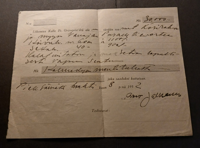 Pieksämäki  , kuitti halkokaupasta , v. 1952