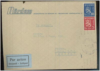 M30 1945 10 mk sin.leijona ym lentokirje Englantiin -46