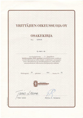 OKK 1991 Yrittäjien Oikeussuoja Oy, Helsinki osakekirja