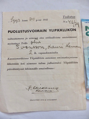 VANHA Myöntötodistus Vm 2 lk 1941 Kenraali Wilkama Nimmari