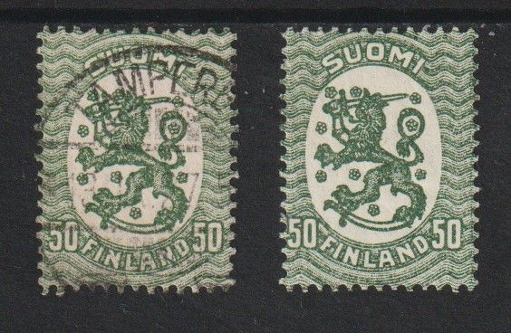 1921 50p vihreä Saarisen malli leimattuna ja leimaamattomana