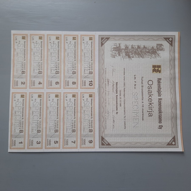 osakekirja Rakentajain konevuokraamo -88 spec.