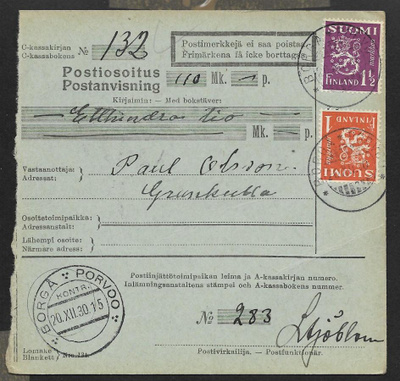 Postiosoitus - Yl.m. 1,5+1mk (LAPE 150+152) Porvoo 20.12.30