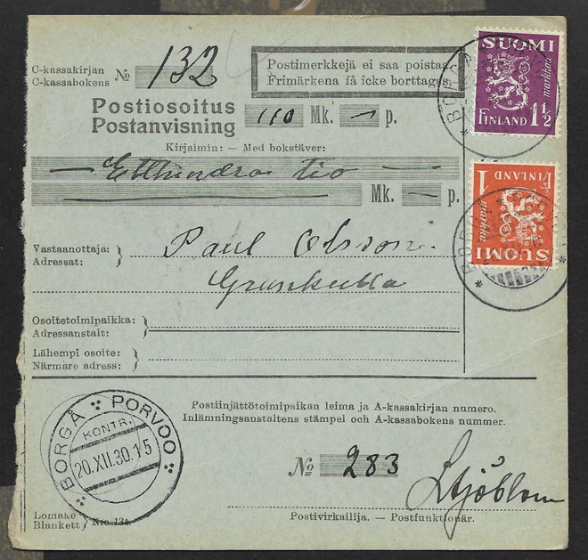 Postiosoitus - Yl.m. 1,5+1mk (LAPE 150+152) Porvoo 20.12.30