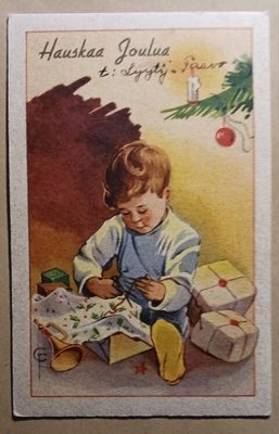 Curt Fagerholm: Lapsi avaamassa joululahjoja, p. 1954