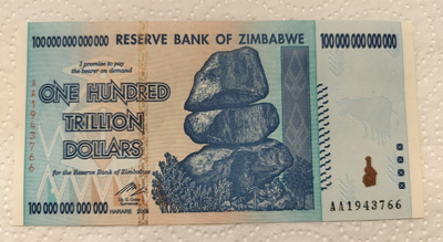 Zimbabwe 100 Trillion Dollars seteli ! Käyttämätön aito !