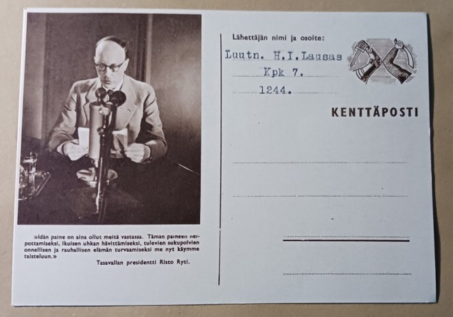 Presidentti RIsto Ryti puhuu, Kenttäpostipk, ei p.