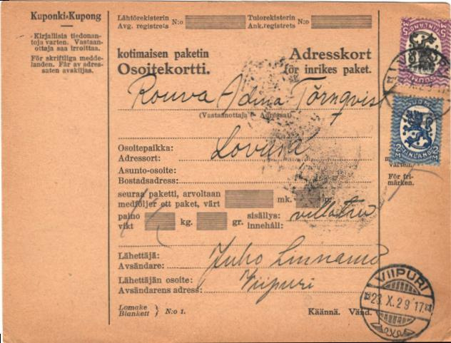 OSOITEKORTTI VIIPURI-LOVIISA