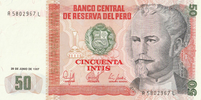 Peru   50  intis 1987, pakkasileä seteli
