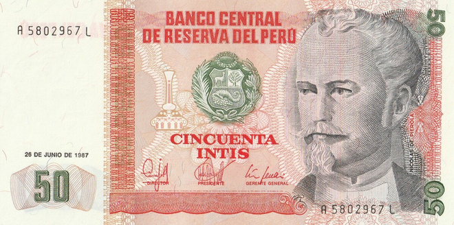 Peru   50  intis 1987, pakkasileä seteli
