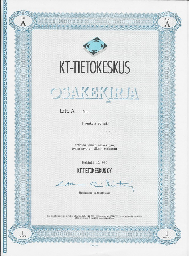 OKK KT-Tietokeskus Oy, Helsinki 1990 specimen