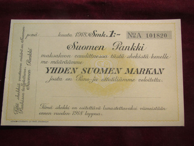 Yhden Suomen markan shekki. Suomen Pankki. 1918