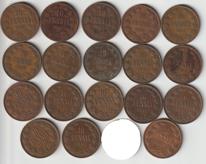 10 penniä 1865-1917, 18 erilaista