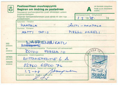 M63 1963 3,00 mk lentokone postiosoitteen muutospyyntö