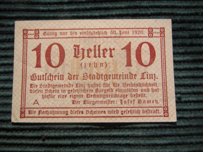 10 heller 1920. Linz. Itävalta-Austria. Hätäraha-Notgeld