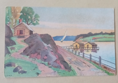 A. Lindfors: Rantanäkymä, talaat, laituri, purjevene p. 1922