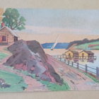 A. Lindfors: Rantanäkymä, talaat, laituri, purjevene p. 1922 - pikkukuva 1