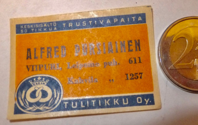 VANHA Tulitikku Etiketti Pursiainen Viipuri 1930-l