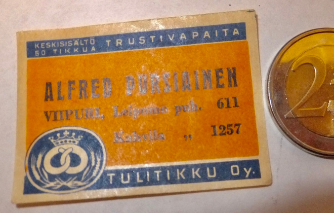 VANHA Tulitikku Etiketti Pursiainen Viipuri 1930-l