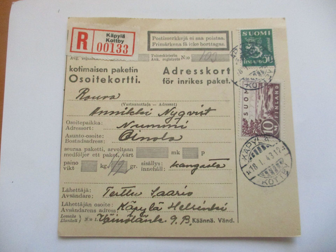 1943 Käpylä R osoitekortti