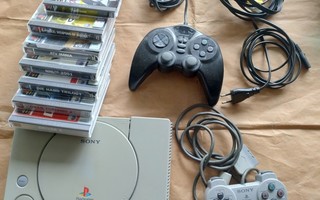 PS1 konsoli, ohjaimet, muistikortti, 7kpl pelit