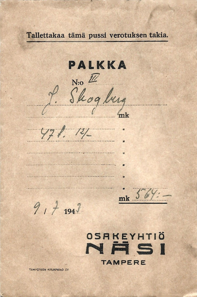 Vanha tilipussi 1943, Oy Näsi, Tampere