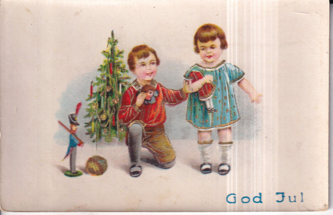 God Jul. Tyttö ja poika, wanha kortti , e237