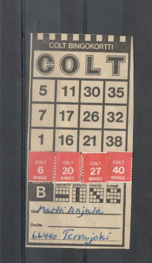 Colt-bingokortti aihekeräilijälle 1970-luvulta