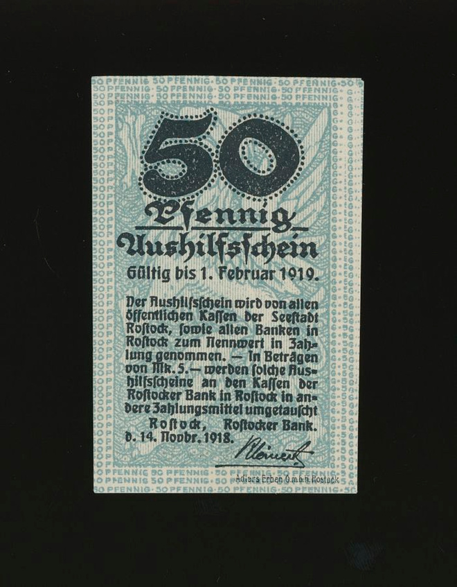 Saksa Notgeld 50 Pfennig, Rostock 14.11.1918