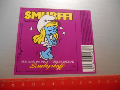 Smurffi Päärynälimonadi Sinebrychoff etiketti Smurffiina