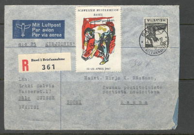 v. 1947 kirje Sveitsistä Suomeen, lipukkeita, leimoja, jne.