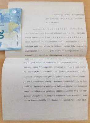 Asiakirja Vapaudenristi 2 lk 1918 Kenraali Åkerman Nimmari